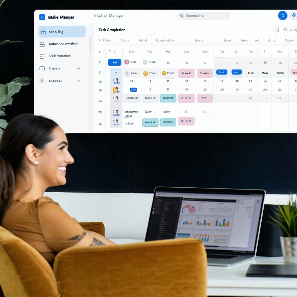 A clean user interface screenshot of an intake management dashboard with automated scheduling calendar integration and task completion icons Beside it a relaxed Intake Manager and a team shown smiling no longer overwhelmed The image should evoke clar-1-1 A clean user interface screenshot of an intake management dashboard with automated scheduling calendar integration and task completion icons Beside it a relaxed Intake Manager and a team shown smiling no longer overwhelmed The image should evoke clar-1-1