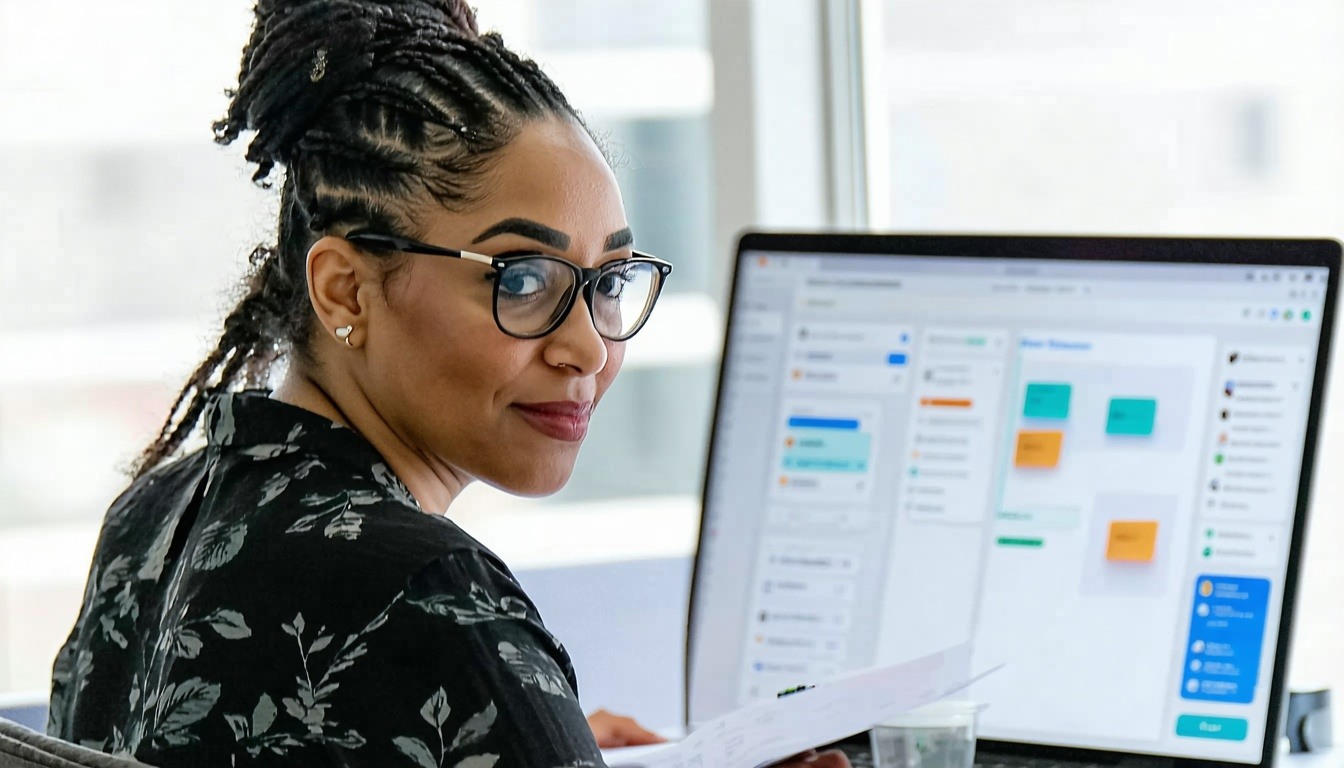 An image of a legal aid intake worker that is efficient with their work process due to an application that makes connections to legal aid applicants easier
