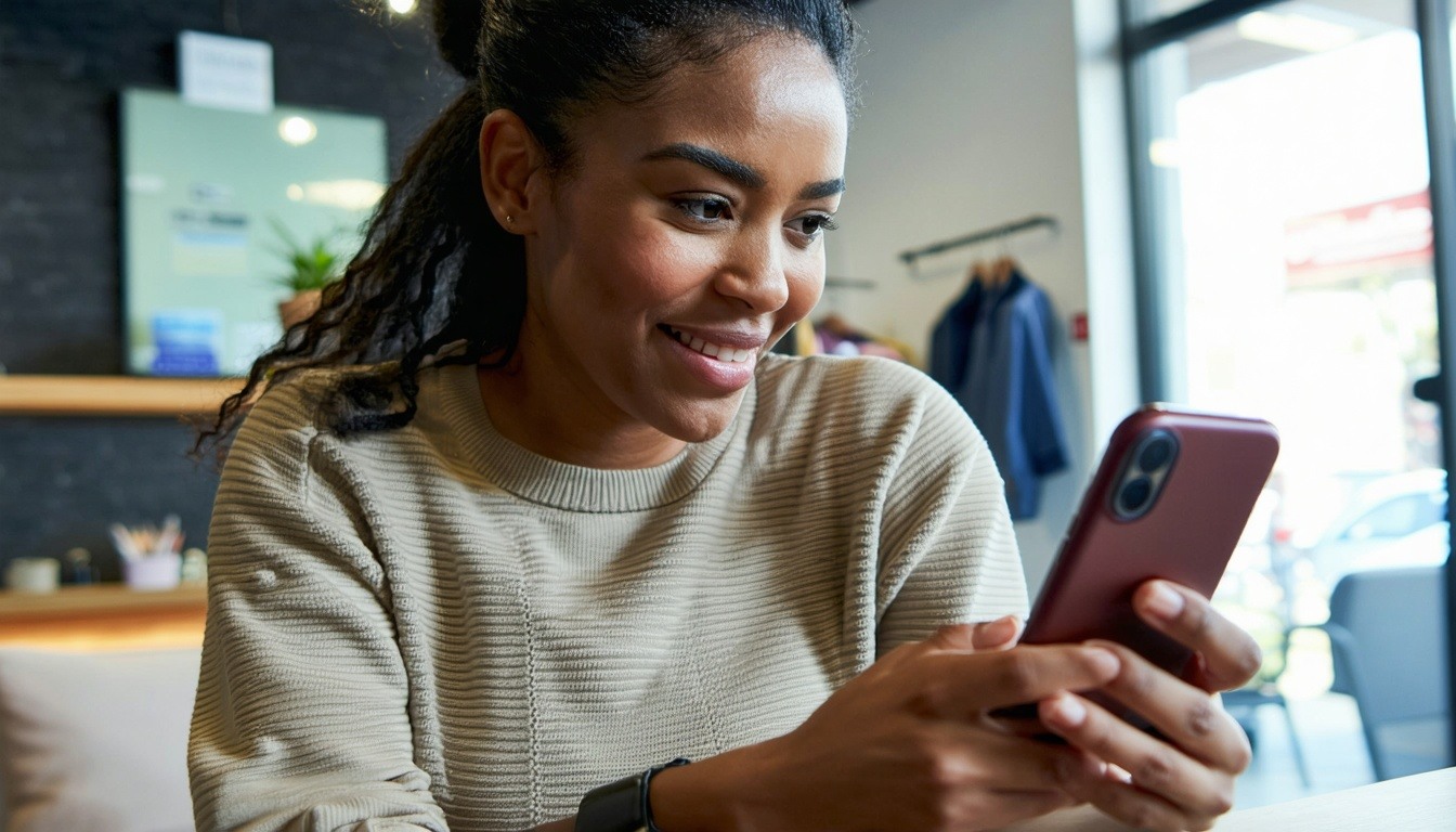 Someone whos on their phone scheduling an appointment who looks at ease since they can easily get what they need