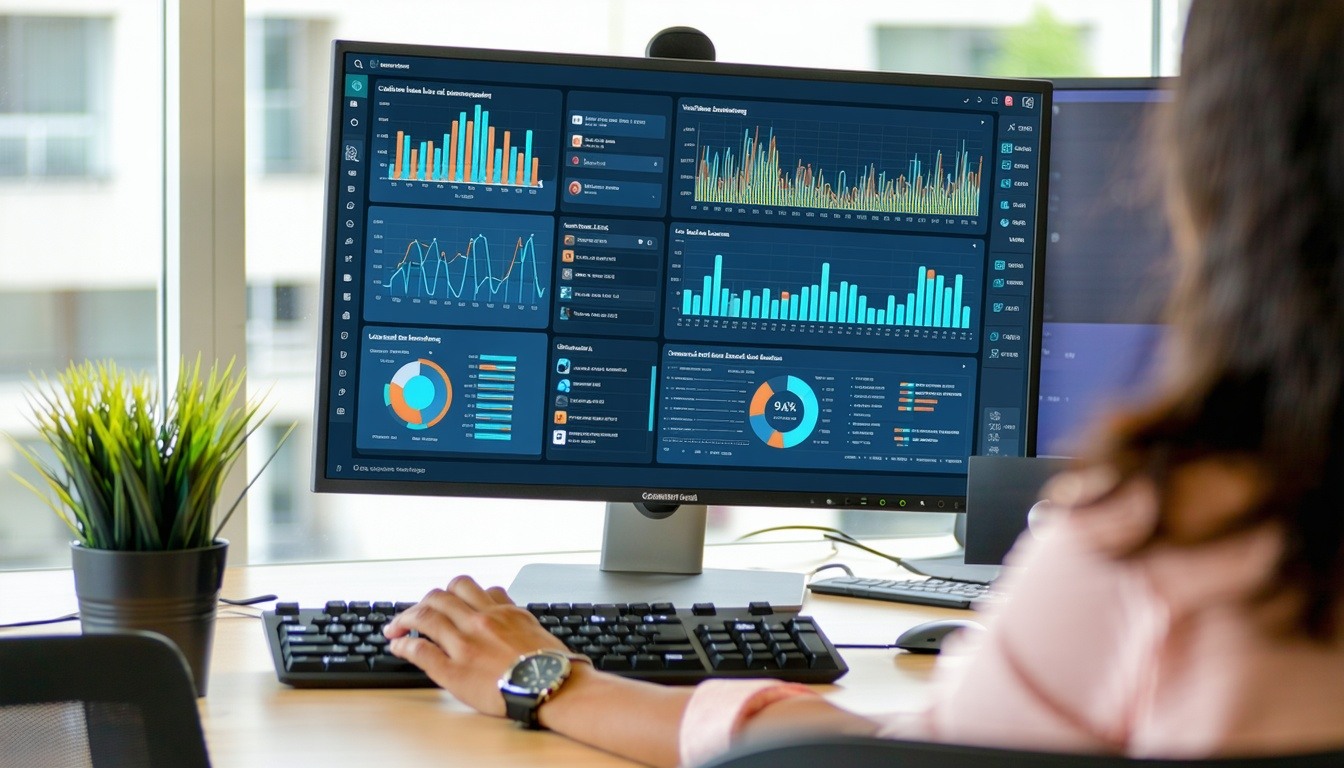 The civil legal service intake worker sits at their desk their fingers poised over the keyboard as they gaze intently at a vibrant computer dashboard displayed on a large monitor The interface is intuitively designed showcasing a wealth of informatio
