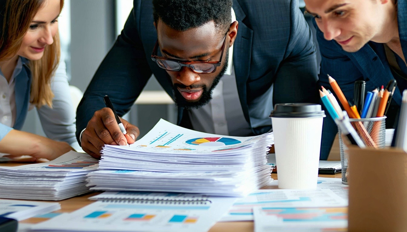 The image captures a focused man intently examining a stack of paper reports spread across a cluttered desk surrounded by his colleagues engaged in a collaborative discussion He leans slightly forward his brow furrowed in concentration while his peer